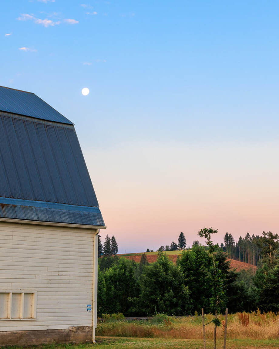 Moon over Killen Wetlands Nature Park barn, Banks, Oregon