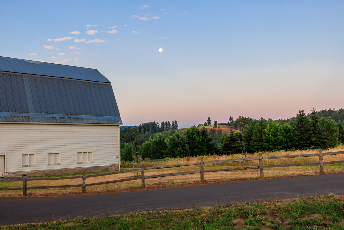 Moon over Killen Wetlands Nature Park barn, Banks, Oregon
